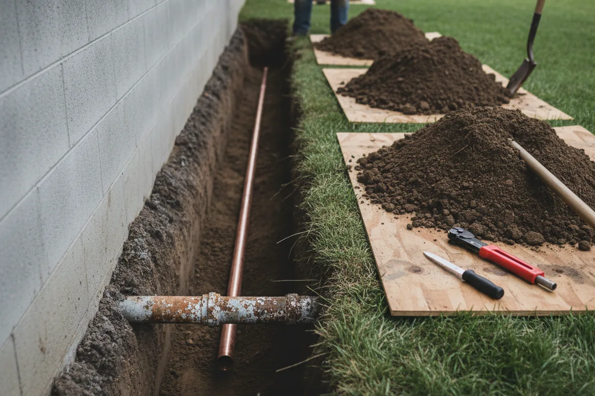 Excavated water line trench during Water Softener Installation in Roxboro